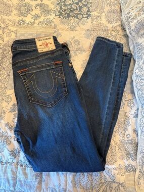 True Religion Women's Blue Straight Leg Denim Jeans with Signature Stitching